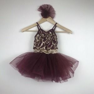 Weissman Girls Dance Costume Leotard Overlay‎ Tulle Skirt Maroon Gold 7/8